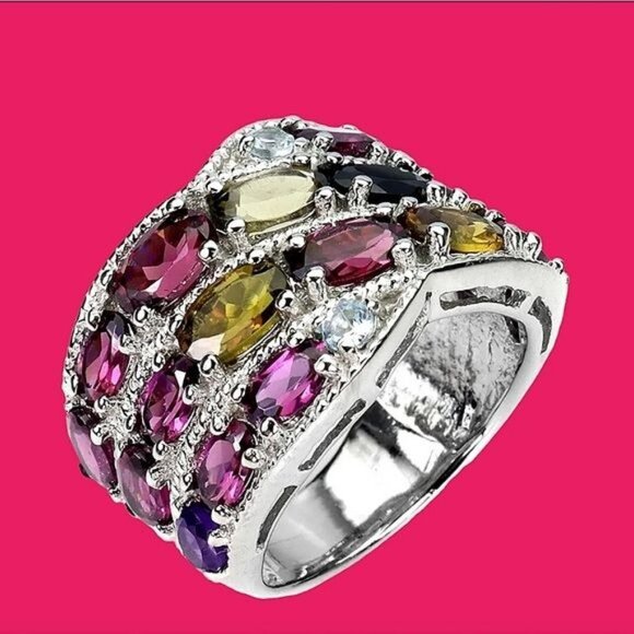 Genuine Tourmaline 6x4mm, Amethyst, Rhodolite 925 Sterling Silver Ring‎ Sz 7.25 - Picture 2 of 3